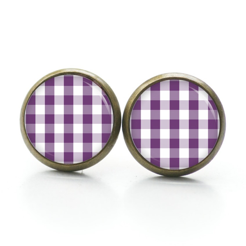Ohrstecker, Ohrhänger, Clipse & Druckknopf – Motiv kariert violett weiß – Schmuck aus Edelstahl Ohrstecker, Ohrhänger, Clipse & Druckknopf – Motiv kariert violett weiß – Schmuck aus Edelstahl