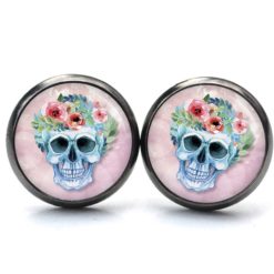 Ohrstecker, Ohrhänger, Clipse & Druckknopf – Motiv Totenkopf mit Blumen Frühling Rosa – Schmuck aus Edelstahl