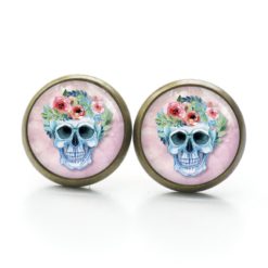 Ohrstecker, Ohrhänger, Clipse & Druckknopf – Motiv Totenkopf mit Blumen Frühling Rosa – Schmuck aus Edelstahl