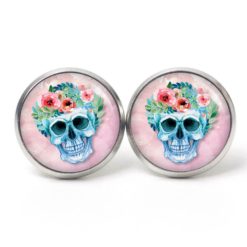 Ohrstecker, Ohrhänger, Clipse & Druckknopf – Motiv Totenkopf mit Blumen Frühling Rosa – Schmuck aus Edelstahl