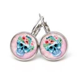 Ohrstecker, Ohrhänger, Clipse & Druckknopf – Motiv Totenkopf mit Blumen Frühling Rosa – Schmuck aus Edelstahl