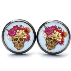 Ohrstecker, Ohrhänger, Clipse & Druckknopf – Motiv Totenkopf mit Blumen Frühling Hellblau – Schmuck aus Edelstahl Ohrstecker, Ohrhänger, Clipse & Druckknopf – Motiv Totenkopf mit Blumen Frühling Hellblau – Schmuck aus Edelstahl