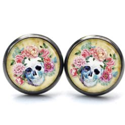 Ohrstecker, Ohrhänger, Clipse & Druckknopf – Motiv Totenkopf mit Blumen Frühling Gelb – Schmuck aus Edelstahl Ohrstecker, Ohrhänger, Clipse & Druckknopf – Motiv Totenkopf mit Blumen Frühling Gelb – Schmuck aus Edelstahl