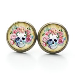 Ohrstecker, Ohrhänger, Clipse & Druckknopf – Motiv Totenkopf mit Blumen Frühling Gelb – Schmuck aus Edelstahl Ohrstecker, Ohrhänger, Clipse & Druckknopf – Motiv Totenkopf mit Blumen Frühling Gelb – Schmuck aus Edelstahl
