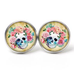 Ohrstecker, Ohrhänger, Clipse & Druckknopf – Motiv Totenkopf mit Blumen Frühling Gelb – Schmuck aus Edelstahl
