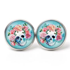 Ohrstecker, Ohrhänger, Clipse & Druckknopf – Motiv Totenkopf mit Blumen Frühling Türkis – Schmuck aus Edelstahl