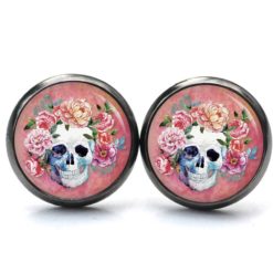 Ohrstecker, Ohrhänger, Clipse & Druckknopf – Motiv Totenkopf mit Blumen Frühling Rosarot – Schmuck aus Edelstahl Ohrstecker, Ohrhänger, Clipse & Druckknopf – Motiv Totenkopf mit Blumen Frühling Rosarot – Schmuck aus Edelstahl