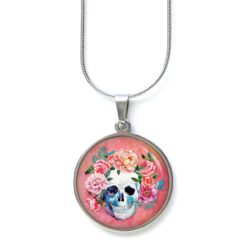 Ohrstecker, Ohrhänger, Clipse & Druckknopf – Motiv Totenkopf mit Blumen Frühling Rosarot – Schmuck aus Edelstahl Ohrstecker, Ohrhänger, Clipse & Druckknopf – Motiv Totenkopf mit Blumen Frühling Rosarot – Schmuck aus Edelstahl