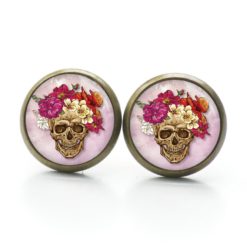Ohrstecker, Ohrhänger, Clipse & Druckknopf – Motiv Totenkopf mit Blumen Frühling Rosa und Rot – Schmuck aus Edelstahl Ohrstecker, Ohrhänger, Clipse & Druckknopf – Motiv Totenkopf mit Blumen Frühling Rosa und Rot – Schmuck aus Edelstahl