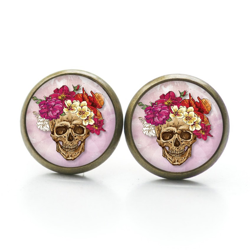 Ohrstecker, Ohrhänger, Clipse & Druckknopf – Motiv Totenkopf mit Blumen Frühling Rosa und Rot – Schmuck aus Edelstahl Ohrstecker, Ohrhänger, Clipse & Druckknopf – Motiv Totenkopf mit Blumen Frühling Rosa und Rot – Schmuck aus Edelstahl