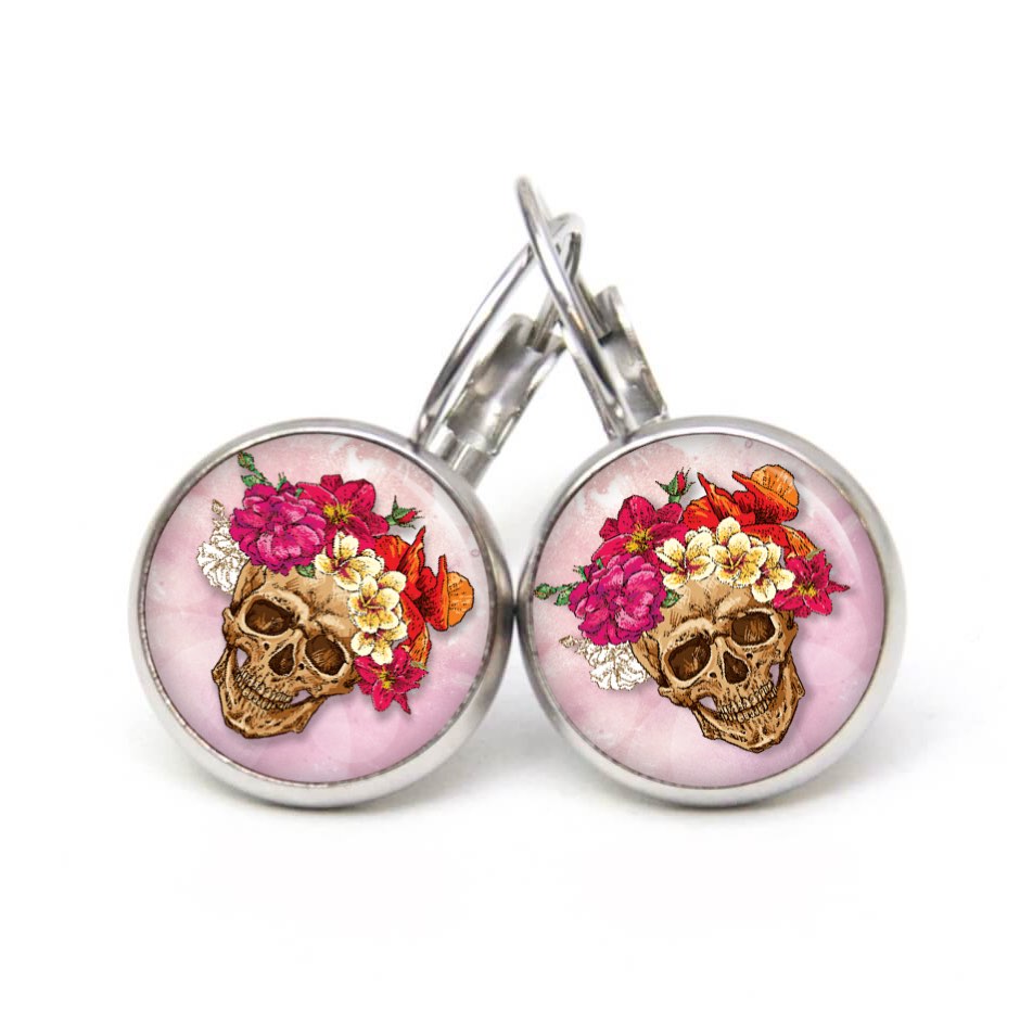 Ohrstecker, Ohrhänger, Clipse & Druckknopf – Motiv Totenkopf mit Blumen Frühling Rosa und Rot – Schmuck aus Edelstahl Ohrstecker, Ohrhänger, Clipse & Druckknopf – Motiv Totenkopf mit Blumen Frühling Rosa und Rot – Schmuck aus Edelstahl