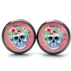 Ohrstecker, Ohrhänger, Clipse & Druckknopf – Motiv Totenkopf mit Blumen Frühling Rosarot – Schmuck aus Edelstahl Ohrstecker, Ohrhänger, Clipse & Druckknopf – Motiv Totenkopf mit Blumen Frühling Rosarot – Schmuck aus Edelstahl