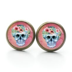 Ohrstecker, Ohrhänger, Clipse & Druckknopf – Motiv Totenkopf mit Blumen Frühling Rosarot – Schmuck aus Edelstahl Ohrstecker, Ohrhänger, Clipse & Druckknopf – Motiv Totenkopf mit Blumen Frühling Rosarot – Schmuck aus Edelstahl