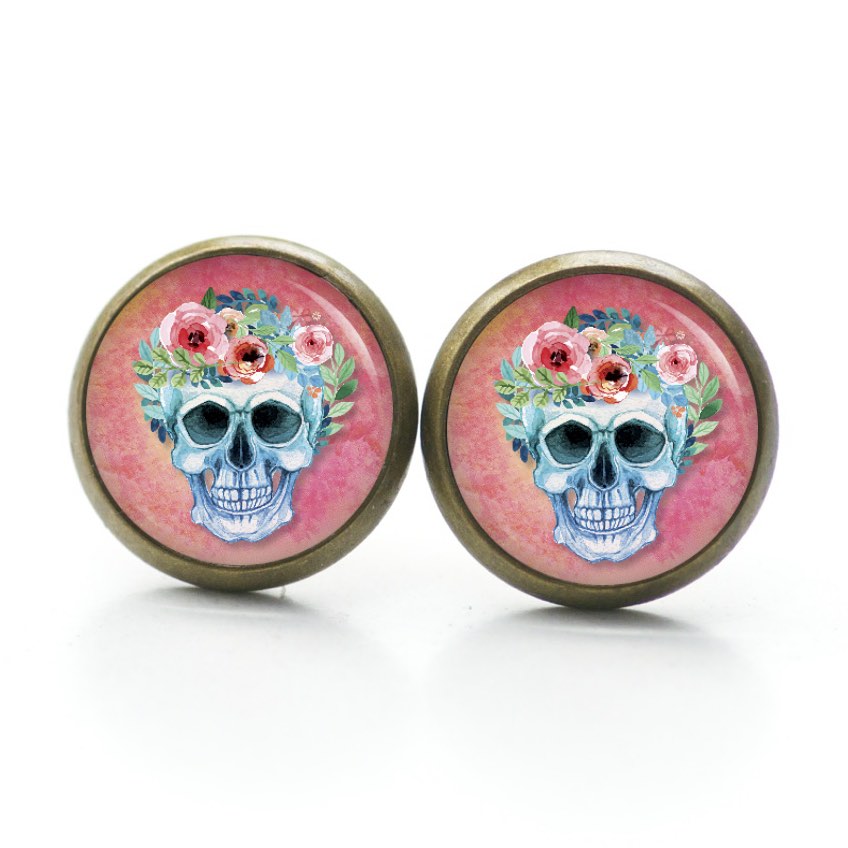 Ohrstecker, Ohrhänger, Clipse & Druckknopf – Motiv Totenkopf mit Blumen Frühling Rosarot – Schmuck aus Edelstahl Ohrstecker, Ohrhänger, Clipse & Druckknopf – Motiv Totenkopf mit Blumen Frühling Rosarot – Schmuck aus Edelstahl