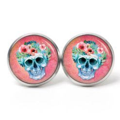 Ohrstecker, Ohrhänger, Clipse & Druckknopf – Motiv Totenkopf mit Blumen Frühling Rosarot – Schmuck aus Edelstahl
