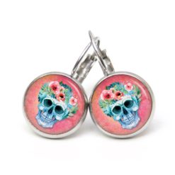 Ohrstecker, Ohrhänger, Clipse & Druckknopf – Motiv Totenkopf mit Blumen Frühling Rosarot – Schmuck aus Edelstahl Ohrstecker, Ohrhänger, Clipse & Druckknopf – Motiv Totenkopf mit Blumen Frühling Rosarot – Schmuck aus Edelstahl