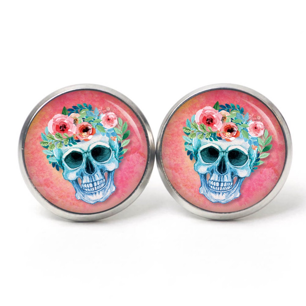 Ohrstecker, Ohrhänger, Clipse & Druckknopf – Motiv Totenkopf mit Blumen Frühling Rosarot – Schmuck aus Edelstahl Ohrstecker, Ohrhänger, Clipse & Druckknopf – Motiv Totenkopf mit Blumen Frühling Rosarot – Schmuck aus Edelstahl