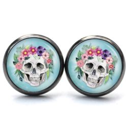 Ohrstecker, Ohrhänger, Clipse & Druckknopf – Motiv Totenkopf mit Blumen Frühling Türkis – Schmuck aus Edelstahl Ohrstecker, Ohrhänger, Clipse & Druckknopf – Motiv Totenkopf mit Blumen Frühling Türkis – Schmuck aus Edelstahl