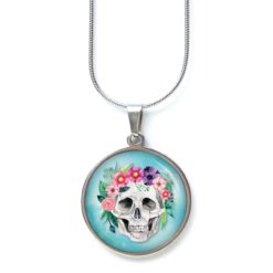 Ohrstecker, Ohrhänger, Clipse & Druckknopf – Motiv Totenkopf mit Blumen Frühling Türkis – Schmuck aus Edelstahl Ohrstecker, Ohrhänger, Clipse & Druckknopf – Motiv Totenkopf mit Blumen Frühling Türkis – Schmuck aus Edelstahl