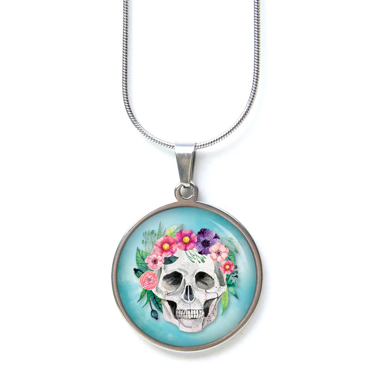 Ohrstecker, Ohrhänger, Clipse & Druckknopf – Motiv Totenkopf mit Blumen Frühling Türkis – Schmuck aus Edelstahl Ohrstecker, Ohrhänger, Clipse & Druckknopf – Motiv Totenkopf mit Blumen Frühling Türkis – Schmuck aus Edelstahl