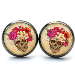 Ohrstecker, Ohrhänger, Clipse & Druckknopf – Motiv Totenkopf mit Blumen Frühling beige – Schmuck aus Edelstahl Ohrstecker, Ohrhänger, Clipse & Druckknopf – Motiv Totenkopf mit Blumen Frühling beige – Schmuck aus Edelstahl