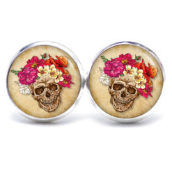 Ohrstecker, Ohrhänger, Clipse & Druckknopf – Motiv Totenkopf mit Blumen Frühling beige – Schmuck aus Edelstahl