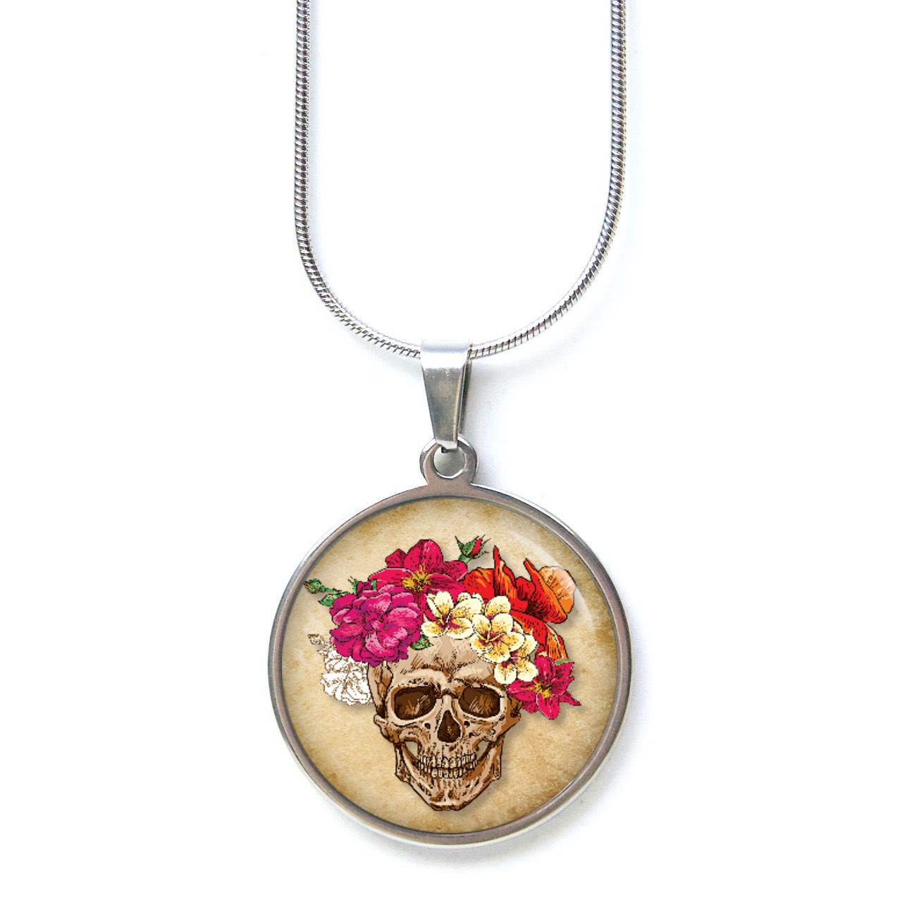 Ohrstecker, Ohrhänger, Clipse & Druckknopf – Motiv Totenkopf mit Blumen Frühling beige – Schmuck aus Edelstahl Ohrstecker, Ohrhänger, Clipse & Druckknopf – Motiv Totenkopf mit Blumen Frühling beige – Schmuck aus Edelstahl