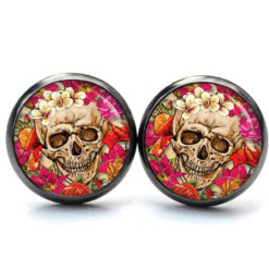 Ohrstecker, Ohrhänger, Clipse & Druckknopf – Motiv Totenkopf mit Blumen Frühling Bunt – Schmuck aus Edelstahl Ohrstecker, Ohrhänger, Clipse & Druckknopf – Motiv Totenkopf mit Blumen Frühling Bunt – Schmuck aus Edelstahl