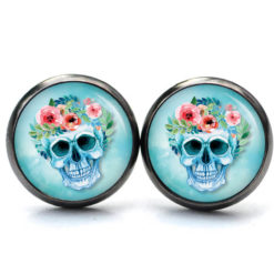Ohrstecker, Ohrhänger, Clipse & Druckknopf – Motiv Totenkopf mit Blumen Frühling Türkis – Schmuck aus Edelstahl Ohrstecker, Ohrhänger, Clipse & Druckknopf – Motiv Totenkopf mit Blumen Frühling Türkis – Schmuck aus Edelstahl