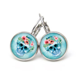 Ohrstecker, Ohrhänger, Clipse & Druckknopf – Motiv Totenkopf mit Blumen Frühling Türkis – Schmuck aus Edelstahl Ohrstecker, Ohrhänger, Clipse & Druckknopf – Motiv Totenkopf mit Blumen Frühling Türkis – Schmuck aus Edelstahl