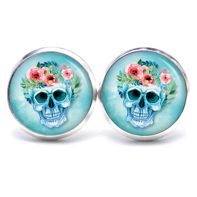 Ohrstecker, Ohrhänger, Clipse & Druckknopf – Motiv Totenkopf mit Blumen Frühling Türkis – Schmuck aus Edelstahl Ohrstecker, Ohrhänger, Clipse & Druckknopf – Motiv Totenkopf mit Blumen Frühling Türkis – Schmuck aus Edelstahl