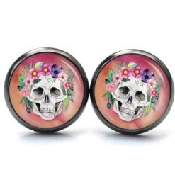 Ohrstecker, Ohrhänger, Clipse & Druckknopf – Motiv Totenkopf mit Blumen Frühling Rosarot – Schmuck aus Edelstahl Ohrstecker, Ohrhänger, Clipse & Druckknopf – Motiv Totenkopf mit Blumen Frühling Rosarot – Schmuck aus Edelstahl