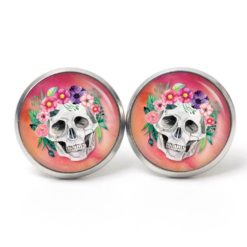 Ohrstecker, Ohrhänger, Clipse & Druckknopf – Motiv Totenkopf mit Blumen Frühling Rosarot – Schmuck aus Edelstahl