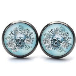 Ohrstecker, Ohrhänger, Clipse & Druckknopf – Motiv Totenkopf mit Blumen Frühling Hellblau – Schmuck aus Edelstahl Ohrstecker, Ohrhänger, Clipse & Druckknopf – Motiv Totenkopf mit Blumen Frühling Hellblau – Schmuck aus Edelstahl