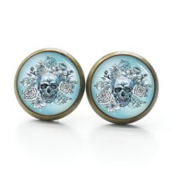 Ohrstecker, Ohrhänger, Clipse & Druckknopf – Motiv Totenkopf mit Blumen Frühling Hellblau – Schmuck aus Edelstahl Ohrstecker, Ohrhänger, Clipse & Druckknopf – Motiv Totenkopf mit Blumen Frühling Hellblau – Schmuck aus Edelstahl