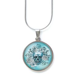Ohrstecker, Ohrhänger, Clipse & Druckknopf – Motiv Totenkopf mit Blumen Frühling Hellblau – Schmuck aus Edelstahl Ohrstecker, Ohrhänger, Clipse & Druckknopf – Motiv Totenkopf mit Blumen Frühling Hellblau – Schmuck aus Edelstahl