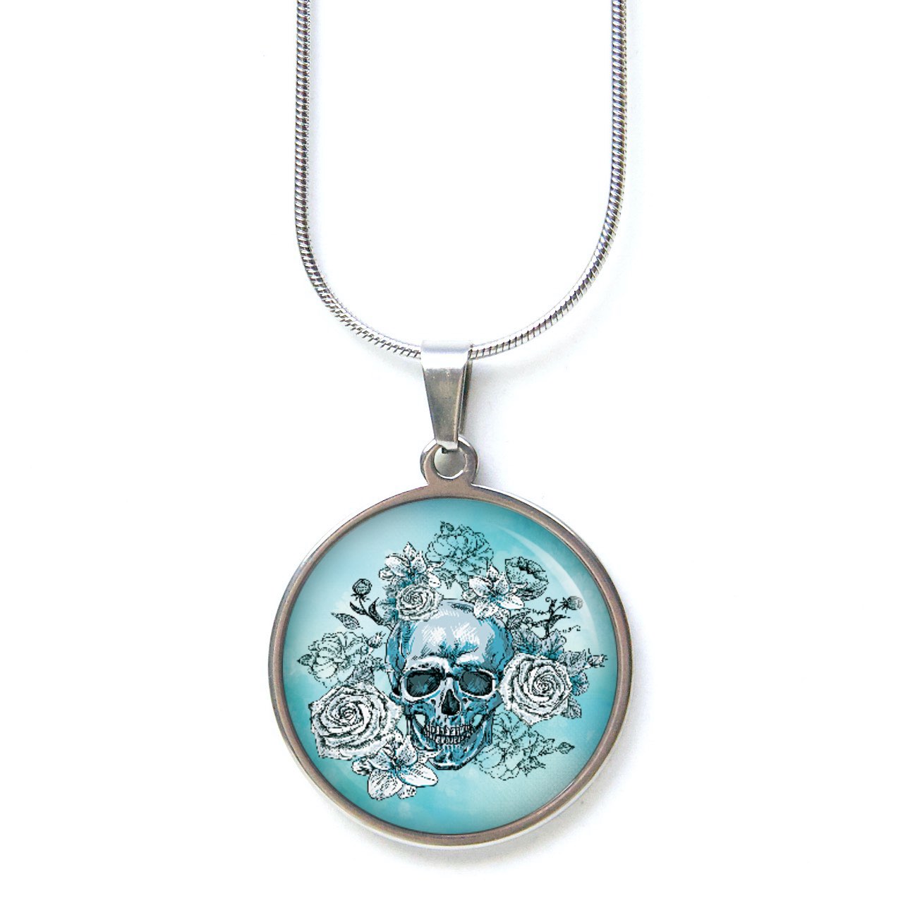 Ohrstecker, Ohrhänger, Clipse & Druckknopf – Motiv Totenkopf mit Blumen Frühling Hellblau – Schmuck aus Edelstahl Ohrstecker, Ohrhänger, Clipse & Druckknopf – Motiv Totenkopf mit Blumen Frühling Hellblau – Schmuck aus Edelstahl