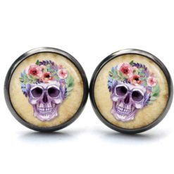 Ohrstecker, Ohrhänger, Clipse & Druckknopf – Motiv lila Totenkopf mit Blumen Frühling beige – Schmuck aus Edelstahl Ohrstecker, Ohrhänger, Clipse & Druckknopf – Motiv lila Totenkopf mit Blumen Frühling beige – Schmuck aus Edelstahl
