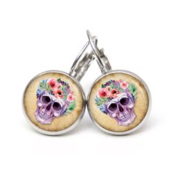 Ohrstecker, Ohrhänger, Clipse & Druckknopf – Motiv lila Totenkopf mit Blumen Frühling beige – Schmuck aus Edelstahl Ohrstecker, Ohrhänger, Clipse & Druckknopf – Motiv lila Totenkopf mit Blumen Frühling beige – Schmuck aus Edelstahl