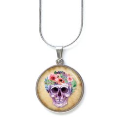 Ohrstecker, Ohrhänger, Clipse & Druckknopf – Motiv lila Totenkopf mit Blumen Frühling beige – Schmuck aus Edelstahl Ohrstecker, Ohrhänger, Clipse & Druckknopf – Motiv lila Totenkopf mit Blumen Frühling beige – Schmuck aus Edelstahl