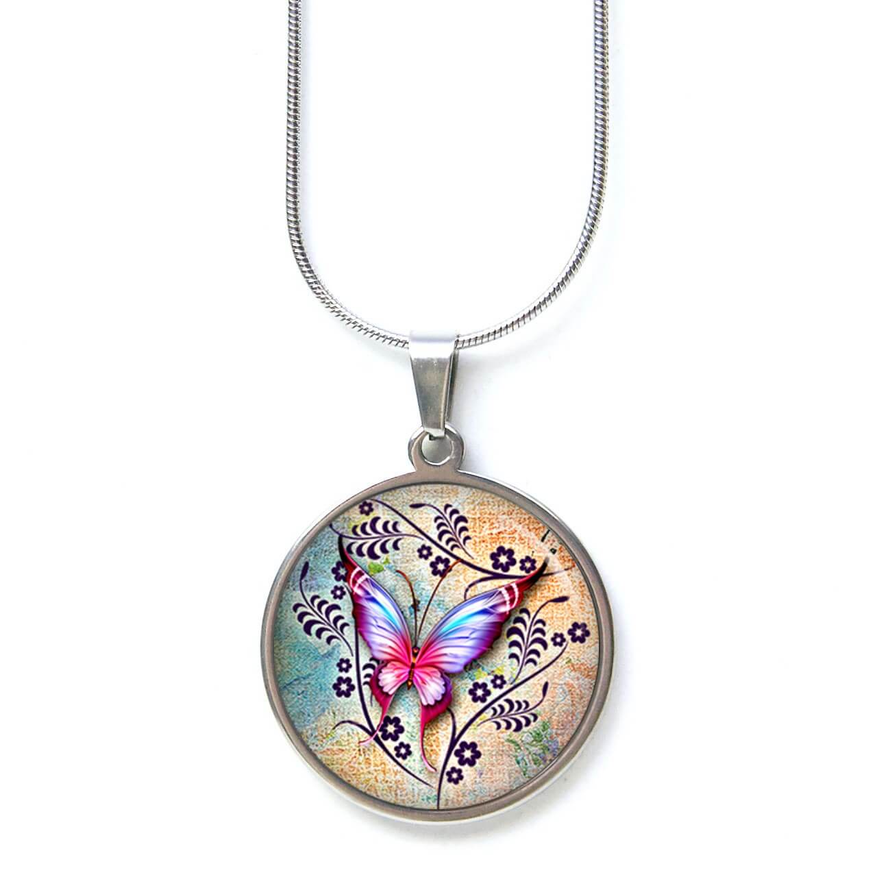 Edelstahl Kette mit blau rosa Schmetterling und Blumenranken Edelstahl Kette mit blau rosa Schmetterling und Blumenranken