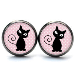 Ohrstecker, Ohrhänger, Clipse & Druckknopf – Motiv schwarz rosa Katze – Schmuck aus Edelstahl Ohrstecker, Ohrhänger, Clipse & Druckknopf – Motiv schwarz rosa Katze – Schmuck aus Edelstahl