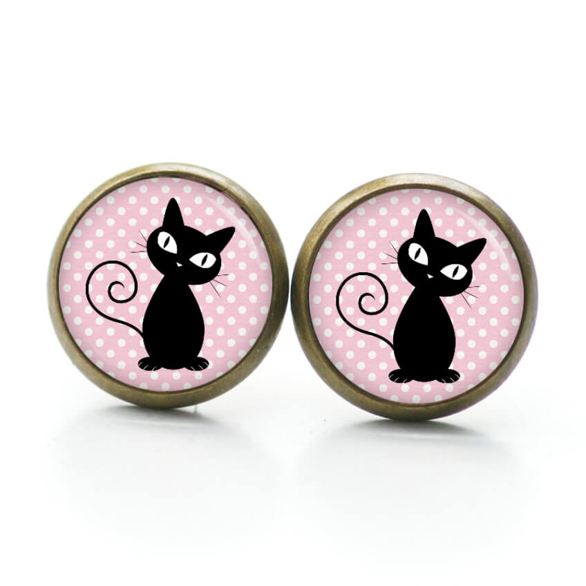 Ohrstecker, Ohrhänger, Clipse & Druckknopf – Motiv schwarz rosa Katze – Schmuck aus Edelstahl Ohrstecker, Ohrhänger, Clipse & Druckknopf – Motiv schwarz rosa Katze – Schmuck aus Edelstahl