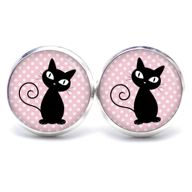 Ohrstecker, Ohrhänger, Clipse & Druckknopf – Motiv schwarz rosa Katze – Schmuck aus Edelstahl Ohrstecker, Ohrhänger, Clipse & Druckknopf – Motiv schwarz rosa Katze – Schmuck aus Edelstahl
