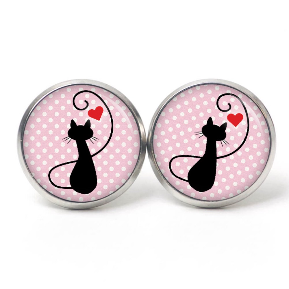 Ohrstecker, Ohrhänger, Clipse & Druckknopf – Motiv schwarze Katze mit Herz – Schmuck aus Edelstahl Ohrstecker, Ohrhänger, Clipse & Druckknopf – Motiv schwarze Katze mit Herz – Schmuck aus Edelstahl