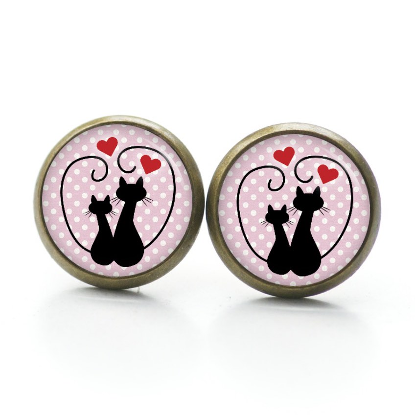 Ohrstecker, Ohrhänger, Clipse & Druckknopf – Motiv verliebte Katzen schwarz rosa – Schmuck aus Edelstahl Ohrstecker, Ohrhänger, Clipse & Druckknopf – Motiv verliebte Katzen schwarz rosa – Schmuck aus Edelstahl