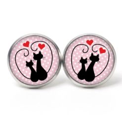 Ohrstecker, Ohrhänger, Clipse & Druckknopf – Motiv verliebte Katzen schwarz rosa – Schmuck aus Edelstahl
