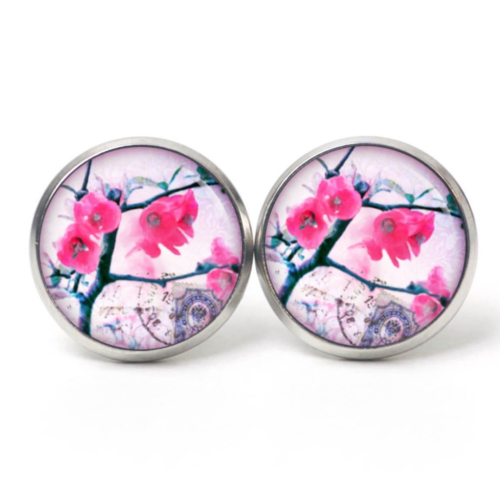 Ohrstecker, Ohrhänger, Clipse & Druckknopf – Motiv Vintage Sakura rosa – Schmuck aus Edelstahl Ohrstecker, Ohrhänger, Clipse & Druckknopf – Motiv Vintage Sakura rosa – Schmuck aus Edelstahl