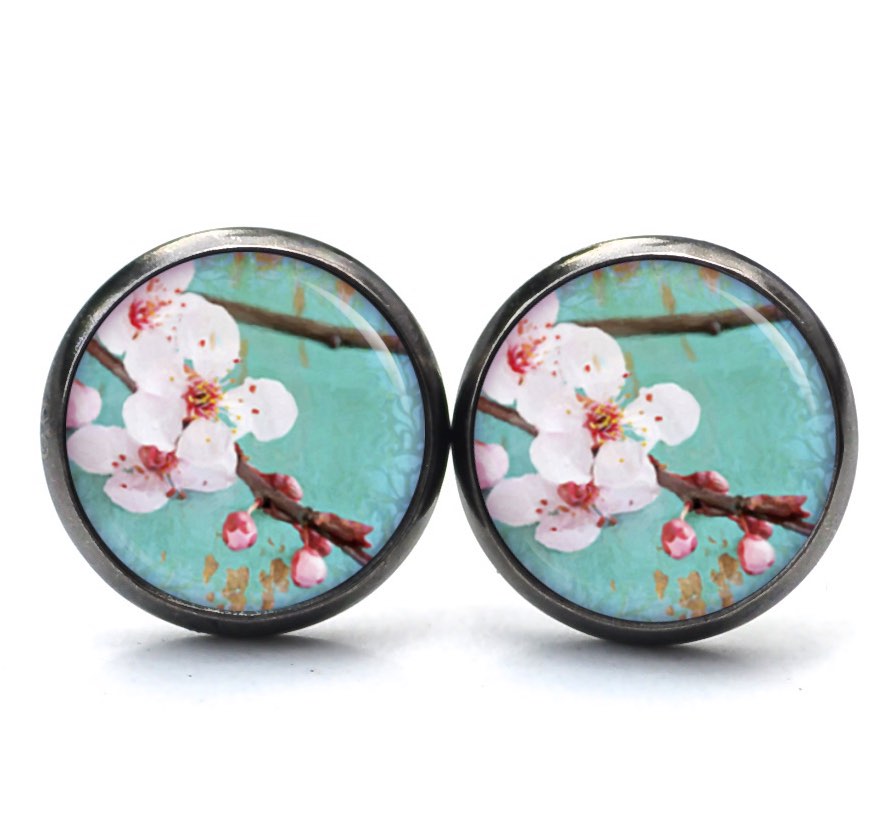 Ohrstecker, Ohrhänger, Clipse & Druckknopf – Motiv Kirschblüten Türkis – Schmuck aus Edelstahl Ohrstecker, Ohrhänger, Clipse & Druckknopf - Motiv Kirschblüten Türkis - Schmuck aus Edelstahl
