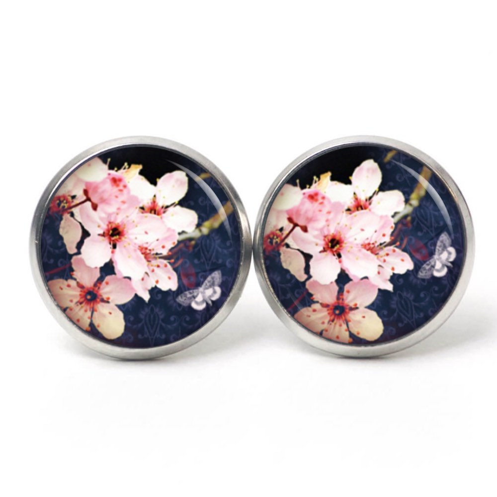Ohrstecker, Ohrhänger, Clipse & Druckknopf – Motiv Kirschblüte Dunkelblau – Schmuck aus Edelstahl Ohrstecker, Ohrhänger, Clipse & Druckknopf - Motiv Kirschblüte Dunkelblau - Schmuck aus Edelstahl